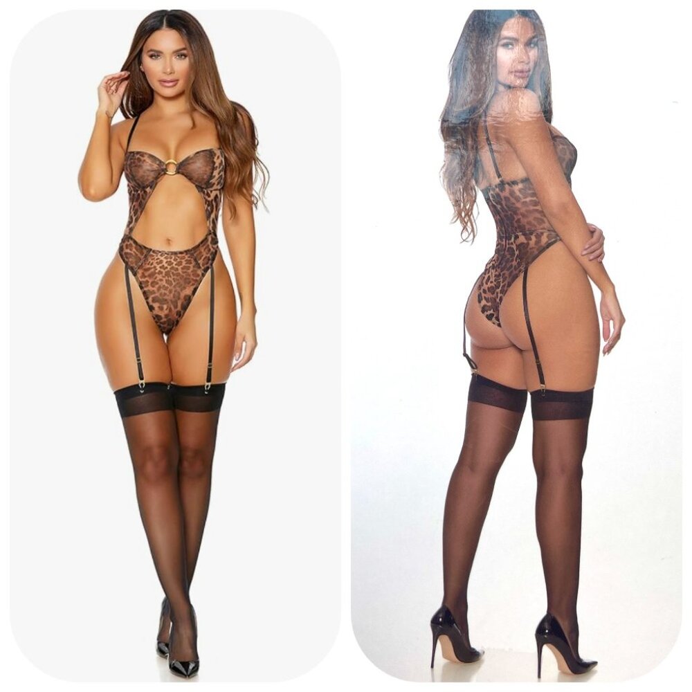 NIB Forplay The Right Spot Sexy Leopard Print Teddy Bodysuit Lingerie Set